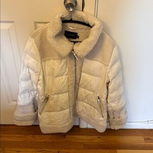Tahari Cream and Tan Puffer Jacket